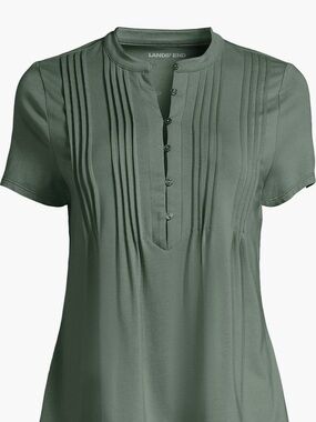 Lands' End Olive Green Pintuck Short-Sleeve Blouse